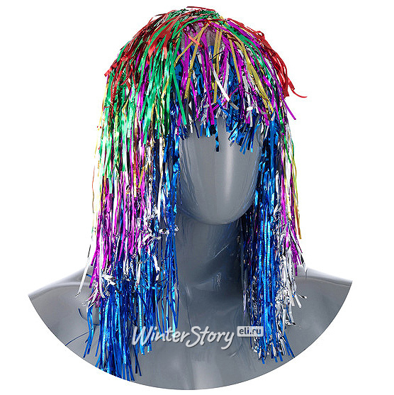 Карнавальный парик из дождика 48 см разноцветный фото