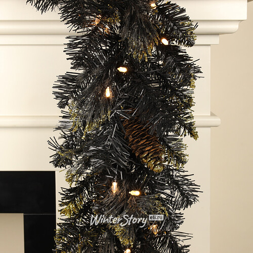 Черная хвойная гирлянда с лампочками Golden Black Bristle 274*25 см, 70 теплых белых LED, на батарейках, ЛЕСКА + ПВХ National Tree Company