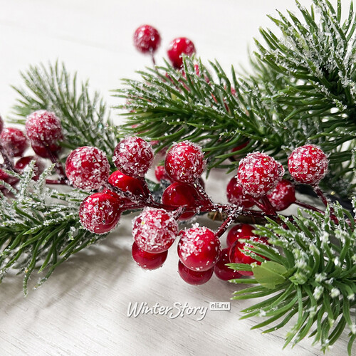 Хвойная ветка с ягодами заснеженная в блестках Red Berry 35 см, ЛИТАЯ 100% Christmas Deluxe