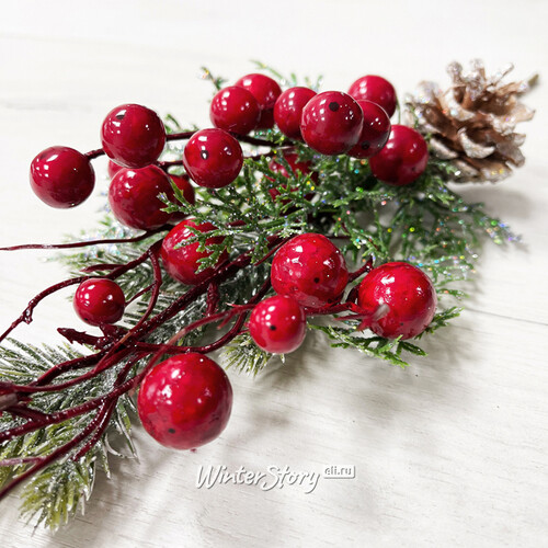 Хвойная ветка с ягодами и шишками в блестках Red Berry 35 см, ЛИТАЯ 100% Christmas Deluxe