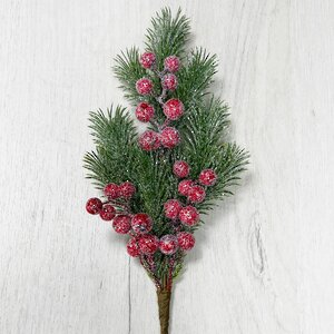 Хвойная ветка с ягодами заиндевелая в блестках Red Berry 35 см, ЛИТАЯ 100% Christmas Deluxe фото 1