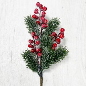 Хвойная ветка с ягодами заснеженная в блестках Red Berry 35 см, ЛИТАЯ 100% Christmas Deluxe фото 1