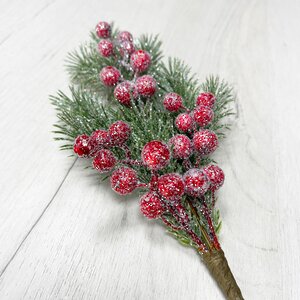 Хвойная ветка с ягодами заиндевелая в блестках Red Berry 35 см, ЛИТАЯ 100% Christmas Deluxe фото 3