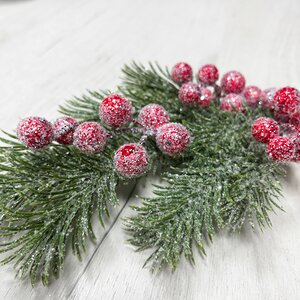 Хвойная ветка с ягодами заиндевелая в блестках Red Berry 35 см, ЛИТАЯ 100% Christmas Deluxe фото 4