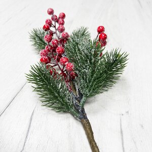 Хвойная ветка с ягодами заснеженная в блестках Red Berry 35 см, ЛИТАЯ 100% Christmas Deluxe фото 3