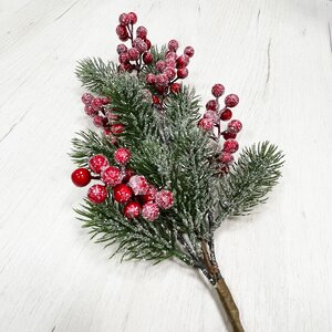 Хвойная ветка с ягодами заснеженная в блестках Red Berry 50 см, ЛИТАЯ 100% Christmas Deluxe фото 1