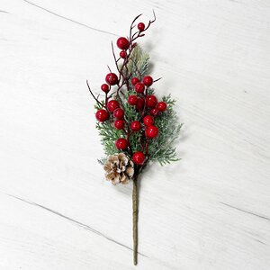 Хвойная ветка с ягодами и шишками в блестках Red Berry 35 см, ЛИТАЯ 100% Christmas Deluxe фото 2