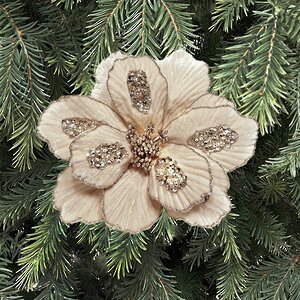 Искусственный цветок Магнолия Grandiflora 26 см шампань, клипса Christmas Deluxe фото 1